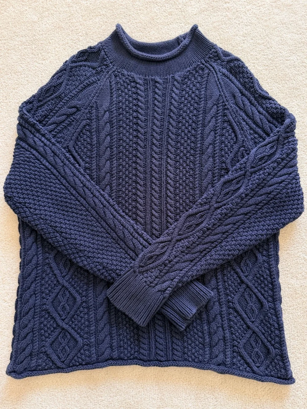 J.Crew Oarsman Sweater Large Blue Cable Knit Roll Neck Pullover 100% Cotton